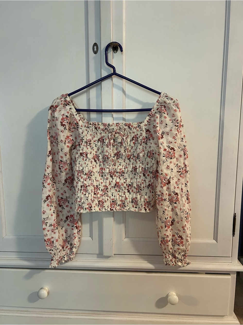 American Eagle Outfitters White Cropped Smocked Blouse with Pink Floral